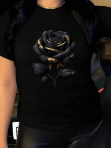 Rosa oscura con toques dorados que simboliza la elegancia, la fuerza y la belleza misteriosa de quien la lleva reflejando un espíritu enigmático y  camiseta de mujer moderna y atractiva para uso diario - Negro - Ver 8
