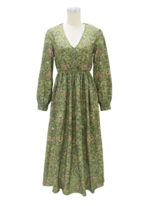 Women's Vintage Boho Floral Print Maxi Dress, Long Sleeve V-Neck Flowy A-Line Long Dress For Fall Vacation - Màu xanh Ô liu - Xem 2