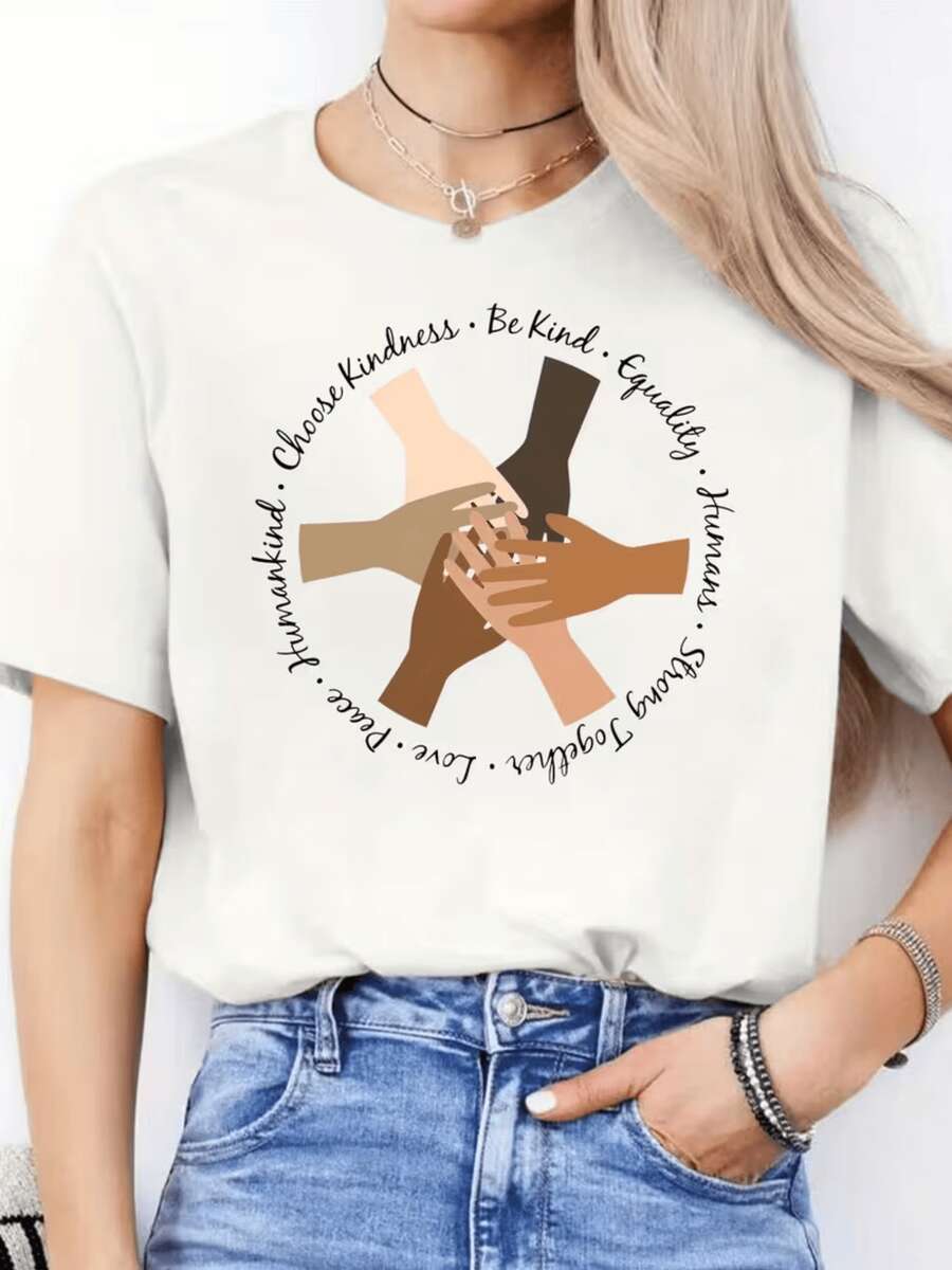 Hands Of Different Shades Joined Together Symbolize Human Unity, Empathy, And Equality, Reminding Us That Strength Is Born When Diversity Is Celebrated And Solidarity Guides Our Actions. A Comfortable, Casual Women's T-Shirt, Ideal For A Positive Message. - 白色 - 查看 1