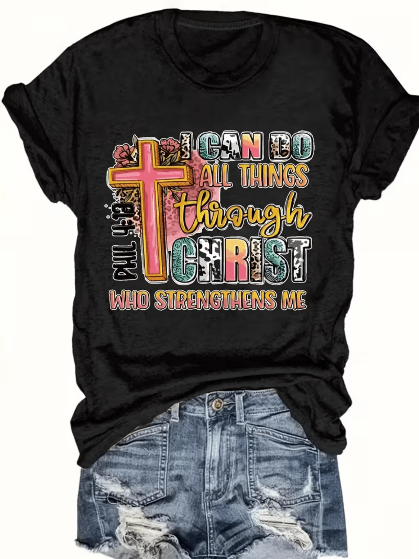 Gold Cross With Flowers And Inspirational Text Expressing Faith, Hope, And Inner Strength, Conveying A Positive And Motivating Message. Comfortable, Casual Women's T-Shirt For Everyday Wear. - 黑色 - 查看 1