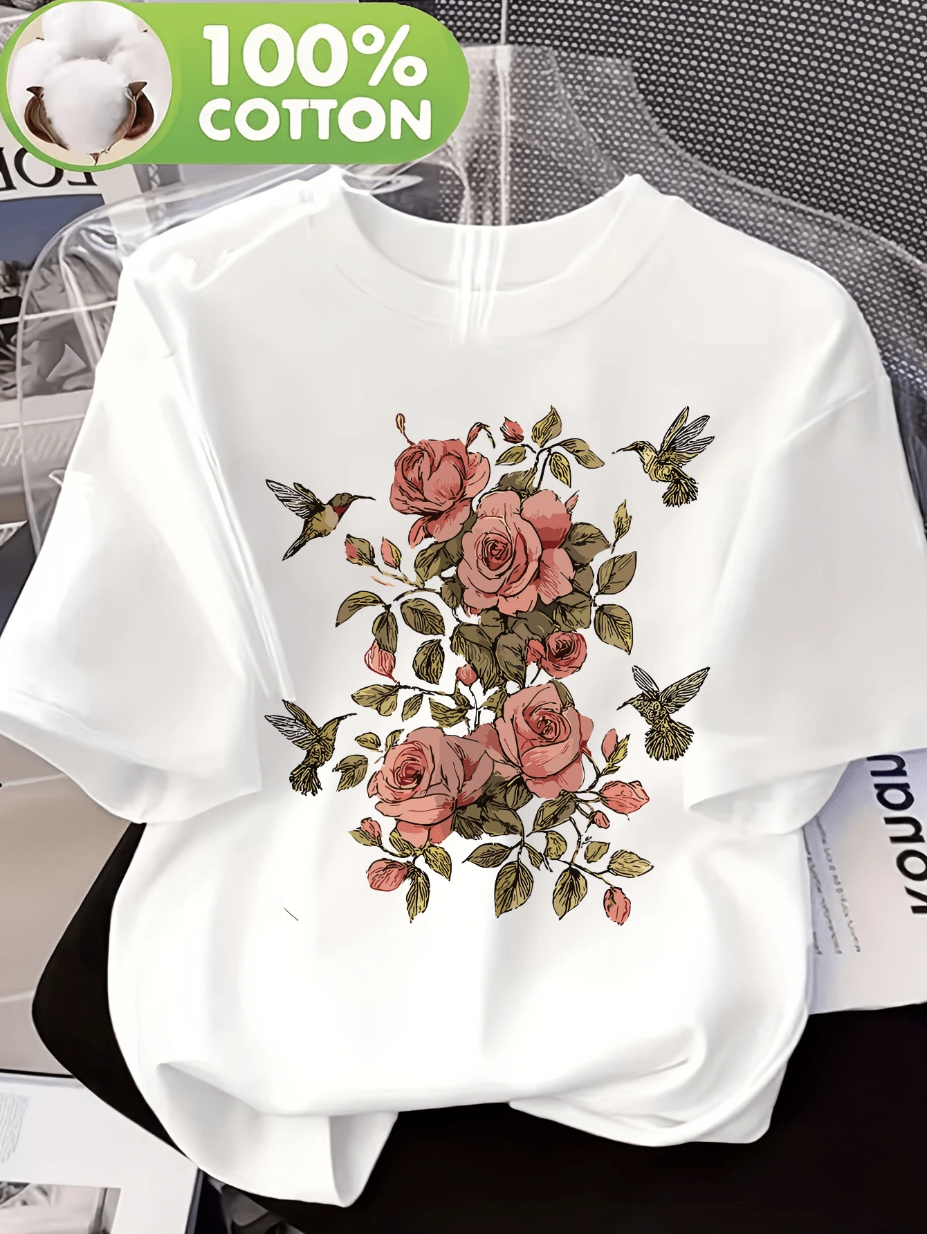 Camiseta de mujer 100%, Camiseta de manga corta con cuello redondo y estampado de colibrí rosa vintage, Top de verano casual y moderno, Blusa transpirable y cómoda para amantes de las flores