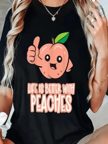 Smiling Peach With A Positive Expression Conveying Optimistic Energy And Joy, Enjoying Small Happy Moments. Comfortable, Casual, Modern Women's T-Shirt For Everyday Wear. - 黑色 - 查看 1