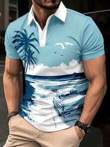 Ocean Horizon Palm Trees Vintage Car And Flying Seagulls 3D Printed Summer Coastal Vibe Boys POLO Shirt For Men Casual Short Sleeve Lightweight Beachwear - Nhiều màu - Xem 6