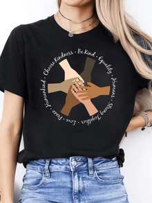 Hands Of Different Shades Joined Together Symbolize Human Unity, Empathy, And Equality, Reminding Us That Strength Is Born When Diversity Is Celebrated And Solidarity Guides Our Actions. A Comfortable, Casual Women's T-Shirt, Ideal For A Positive Message. - 黑色 - 查看 1