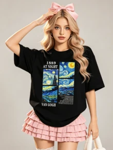 Camiseta de manga corta con cuello redondo suave y casual de verano para mujer, estampado gráfico de arte "La noche estrellada" de Van Gogh 1889 para usar en primavera y verano. - Negro - Ver 4