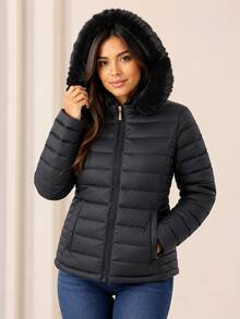 Women's Plush Puffer Jacket With Faux Fur Lining, Hood With Removable Fur, Suitable For Cold Winter And Waterproof. - màu đen - Xem 11