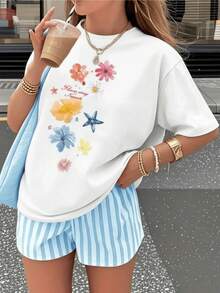 Colorful Flowers That Evoke Joy, Freedom And Freshness, Inspired By Nature, Forming A Harmonious Set Against A Dark Background. Modern Casual Women's T-Shirt For Summer - 白色 - 查看 8