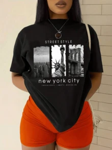 Paisaje urbano con silueta de la Estatua de la Libertad y rascacielos de Nueva York reflejando energía moderna y espíritu libre camiseta de mujer casual moda gráfica urbana - Negro - Ver 8