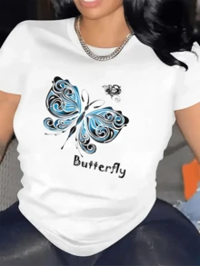 Blue Butterfly With Wings Full Of Movement That Symbolize Freedom, Renewal And Beauty Enveloping The Feminine Spirit. Comfortable Casual Women's T-Shirt For Everyday Wear - 白色 - 查看 6