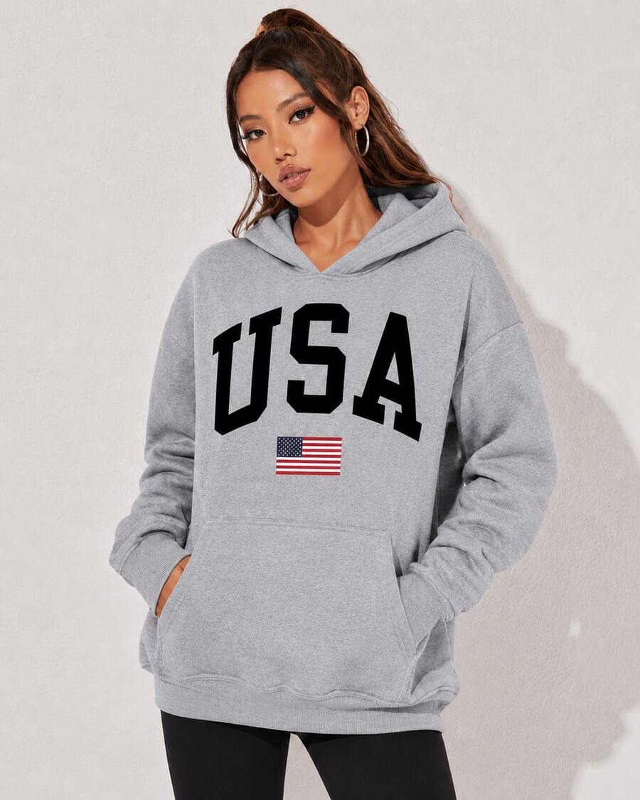 Men's Casual Sweatshirt Cold Weather Hooded Sweatshirt Usa - Gris - Ver 1