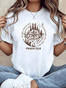 Compass Symbol Surrounded By Trees And Moon Representing Spiritual Guidance And The Right Direction According To The Christian Faith. Comfortable Casual Women's T-Shirt With An Inspirational Message For Every Day - 白色 - 查看 1