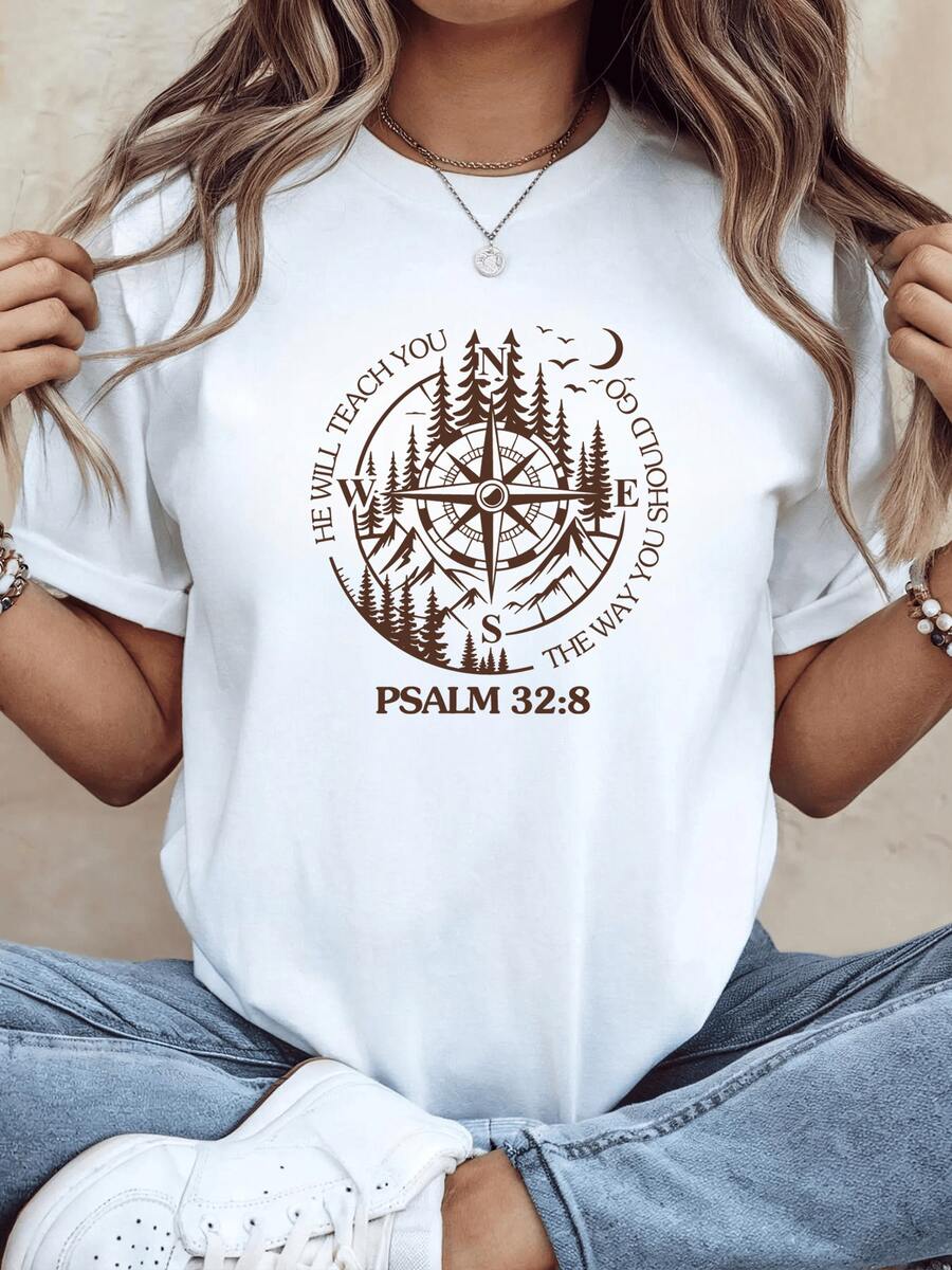 Compass Symbol Surrounded By Trees And Moon Representing Spiritual Guidance And The Right Direction According To The Christian Faith. Comfortable Casual Women's T-Shirt With An Inspirational Message For Every Day - 白色 - 查看 1