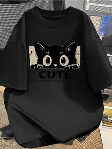 Gato curioso con grandes ojos que asoma entre sombras transmitiendo ternura y misterio como símbolo de inocencia y curiosidad eterna camiseta de mujer cómoda casual para uso diario - Negro - Ver 8