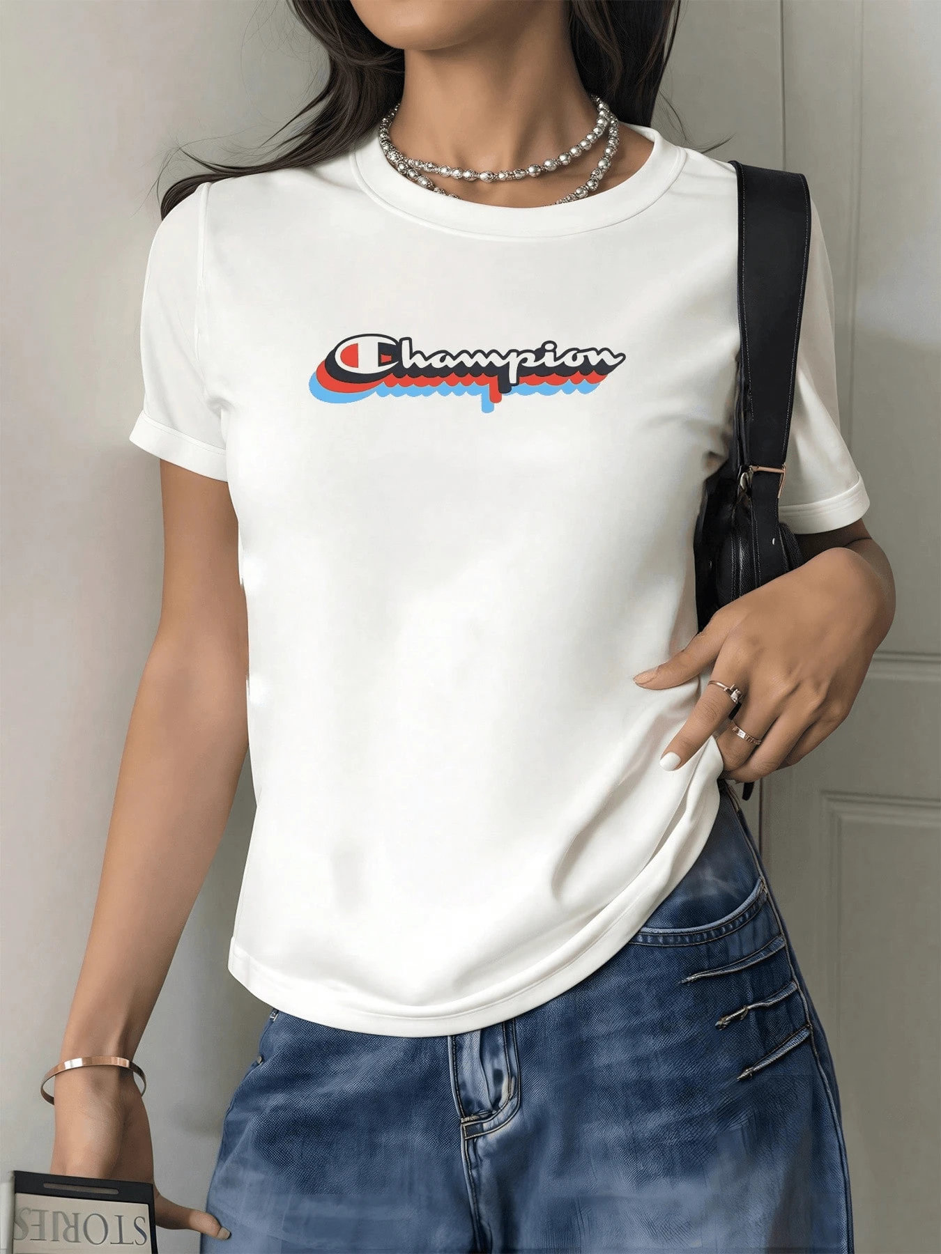 Colorful Typography Combining Red, Blue, And White Tones Symbolizing Energy, Confidence, And Vitality-Perfect For Those Seeking To Express Strength And Modern Style. Comfortable Casual Women's T-Shirt For Everyday Wear. - 白色 - 查看 1