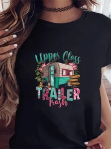 Colorful Landscape With An Old Caravan Surrounded By Flowers, Guitars, And Signs That Evoke Outdoor Adventures And Freedom In Nature; A Modern And Comfortable Casual Women's T-Shirt For Everyday Wear - 黑色 - 查看 6