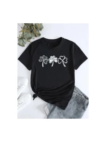 Camiseta suelta casual de dama con estampados de tres tréboles, suave, cómoda y económica, blusas para damas - Negro - Ver 3