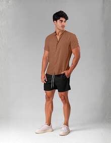 Men's Brown Dress Shirt, Dunas Fabric, Similar To Linen, Short Sleeve, Mandarin Collar - Summer 2026 Shirt - Cool Shirt - Beachwear - 鏽棕色 - 查看 4