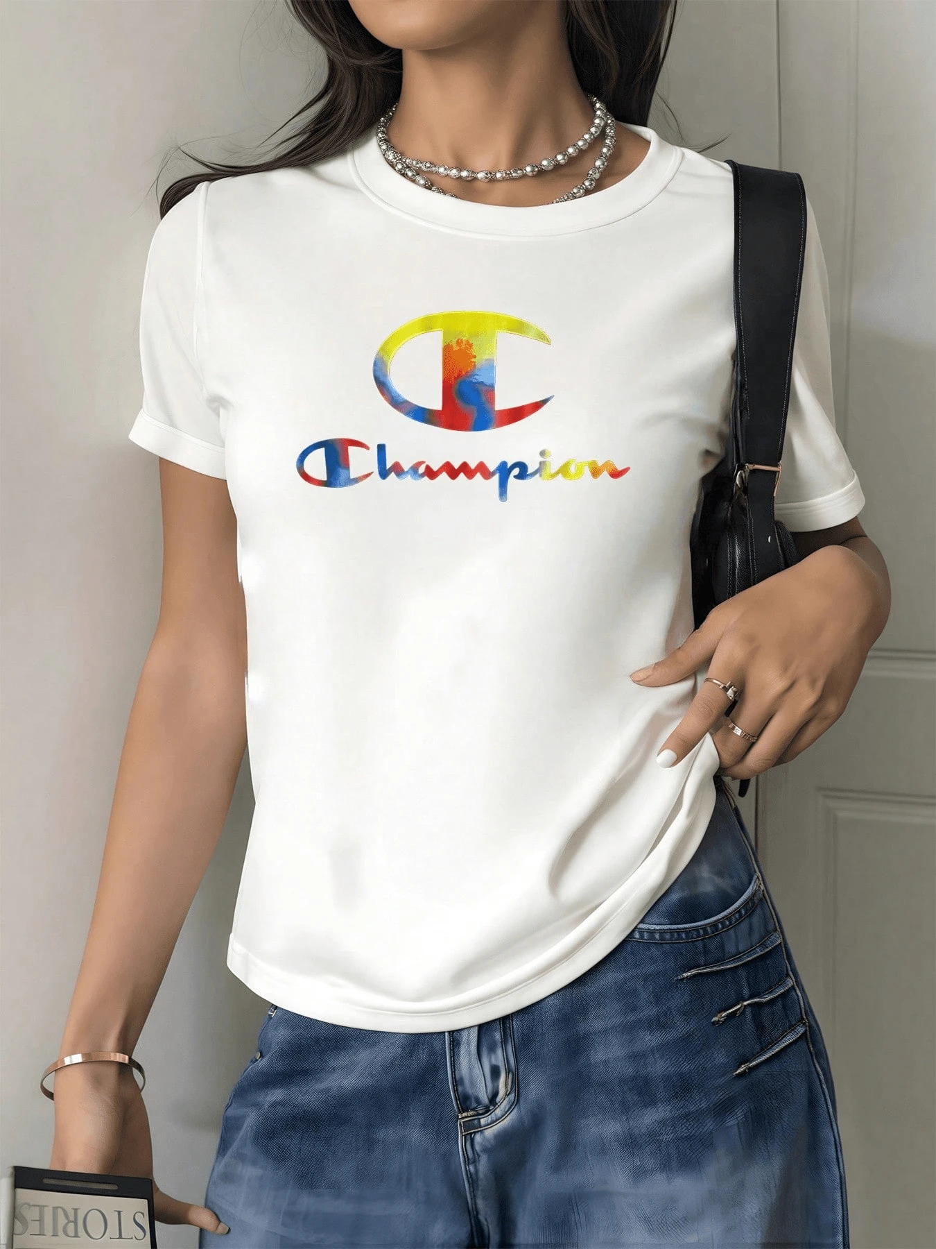 Multicolored Symbol Representing Energy, Joy, And Freedom With A Vibrant Mix Of Warm And Cool Tones, Creating A Sense Of Modern Movement And Confidence. A Stylish Casual Women's T-Shirt For Everyday Wear. - 白色 - 查看 1