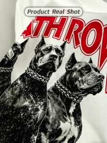 Camiseta de manga corta con cuello redondo suave y casual para mujer, estampado gráfico de perros doberman de la serie "Death Row" para primavera y verano. Blanca. - Blanco - Ver 3