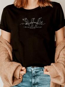 Three Birds Perched On A Branch Symbolizing Harmony, Faith, And Spiritual Connection With Nature And Divine Goodness. Comfortable Casual Women's T-Shirt, Ideal For Everyday Wear. - 黑色 - 查看 1
