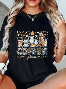 Steaming Mugs Surrounded By Hearts And Stars Evoke The Warmth Of A Morning With Coffee And Sweets, Perfect For Starting The Day. A Modern, Comfortable, And Attractive Casual Women's T-Shirt For Everyday Wear. - 黑色 - 查看 6