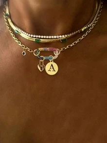 1件金色A-Z 26字母項鍊，彩色鑽石橢圓形扣環鏈條，搭配金色珠子項鍊，不鏽鋼鏈條，獨特精緻風格 - 金黃色 - 查看 3