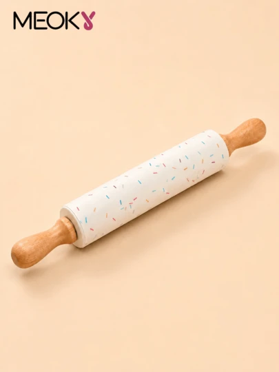 Colorful Sprinkle Pattern Non-Stick Silicone Rolling Pin With Wooden Handle, Suitable For Baking Dough, Cookies, Pastries, Pizza, Pies, Smooth Dough Rolling Wheel Cake Decorating Tool, Cute Baking Tool For Beginners And Baking Enthusiasts, Essential Household Kitchen Item