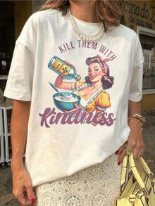 An Illustration Shows A Woman With A Retro Hairstyle Pouring Kindness From A Bottle Into A Bowl As A Metaphor For Turning Irony Into Empathy And Positivity. A Modern, Casual Women's T-Shirt, Ideal For Expressing Humor And Confidence. - 白色 - 查看 8