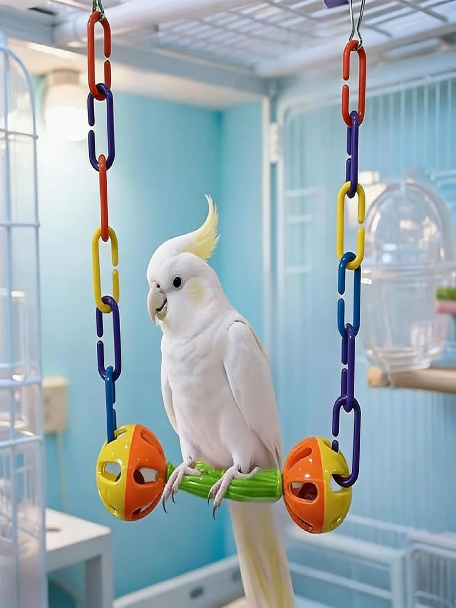 1pc Colorful Hanging Bird Toy With Plastic Rings And Bells, Suitable For Cockatiel, Cockatoo, Eclectus, Parrotlet And Other Small Parrots, Can Be Used As Bird Cage Accessory - View 1