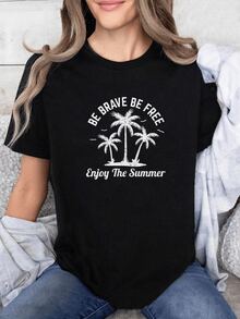 Palm Trees That Represent Freedom And Courage Under The Summer Sun, Evoking Positive Energy And A Desire To Enjoy Every Moment. A Modern, Comfortable Women's T-Shirt For Warm Days. - 黑色 - 查看 6