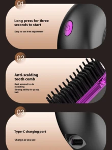 LEVIATECH Wireless Mini Hair Straightener Comb, 3 Adjustable Temperature Levels, USB Rechargeable, Heat-Resistant Design Suitable For All Hair Types, Portable Hair Straightener With Dual Straightening And Hair Care Functions - Multicolor - View 12