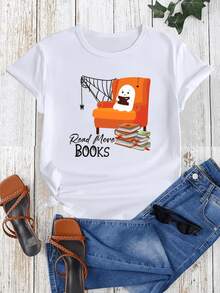 A Ghost Sitting In An Orange Armchair Reading, Surrounded By Books And A Spiderweb, Symbolizes The Power Of Knowledge And The Tranquility That Reading Brings. A Comfortable, Casual Women's T-Shirt For Book Lovers. - 白色 - 查看 1