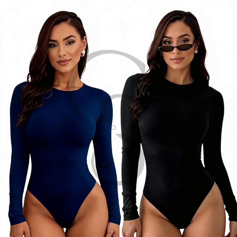 Set Of 2 Long-Sleeved Second Skin Bodysuits With Crew Neck, Plain Long Sleeves - 黑色 海軍藍 - 查看 1