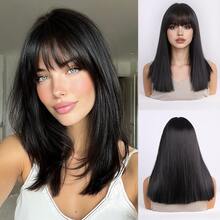 Peluca negra recta de 14 pulgadas con flequillo, cabello sintético resistente al calor para mujeres - Negro - Ver 7