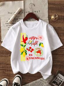Summer Symbols Evoking The Freshness Of Lemons And The Joy Of Cherries, Alongside Tropical Flowers And Red Umbrellas, Conveying An Air Of Relaxation And Positive Energy. A Modern, Casual Women's T-Shirt For Sunny Days. - 白色 - 查看 8