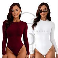 Set Of 2 Long-Sleeved Second Skin Bodysuits With Crew Neck, Plain Long Sleeves - 白葡萄酒 - 查看 1