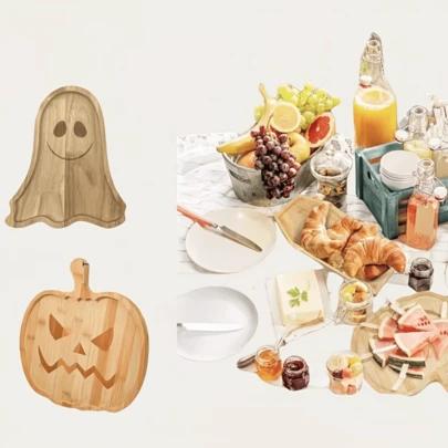 Wooden Decorative Tray With Halloween Pumpkin And Ghost Figurines