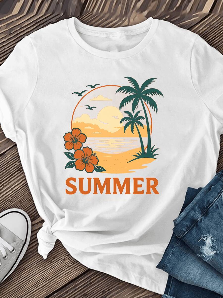 Tropical Sunset With Palm Trees, Birds, And Orange Flowers In Front Of The Ocean, Evoking Calm And The Warm Feeling Of A Relaxing Vacation. Comfortable Casual Women's T-Shirt For Summer. - 白色 - 查看 1