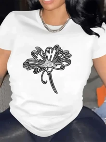 A Flower Drawn In White Lines Symbolizes Purity, Joy, And Natural Energy, With Open Petals Evoking Freedom And Optimism. This Casual, Comfortable, And Modern Women's T-Shirt Is Ideal For Everyday Wear. - 白色 - 查看 1