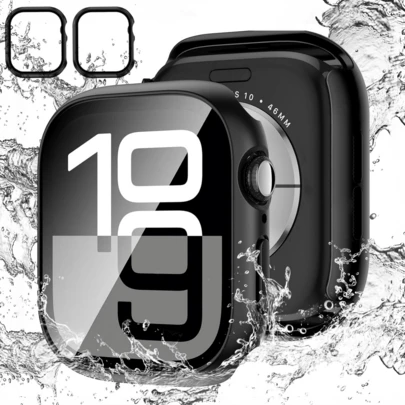 2pcs Series 10/11 Watch Case, All-In-One Watch Case, For Apple Watch 42mm/46mm Watch Case Film, Watch Film Tempered Glass PC Protective Case, For Apple Watch 10th/11th Generation Tempered Glass + PC All-In-One Black Protective Case