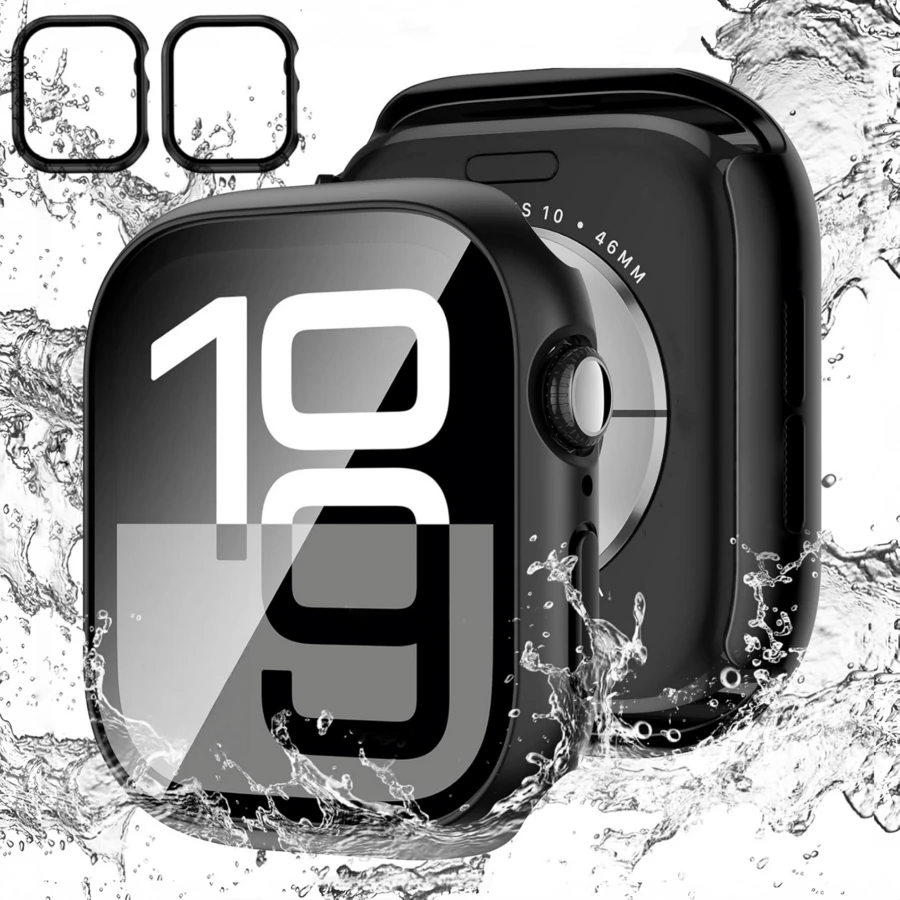Bộ 2 ốp lưng đồng hồ Series 10/11, ốp lưng đa năng, tương thích với Apple Watch 42mm/46mm, miếng dán bảo vệ mặt đồng hồ bằng kính cường lực PC, tương thích với Apple Watch thế hệ thứ 10/11, ốp lưng bảo vệ đa năng màu đen bằng kính cường lực + PC.