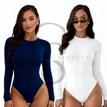 Set Of 2 Long-Sleeved Second Skin Bodysuits With Crew Neck, Plain Long Sleeves - 白色 海軍藍 - 查看 1