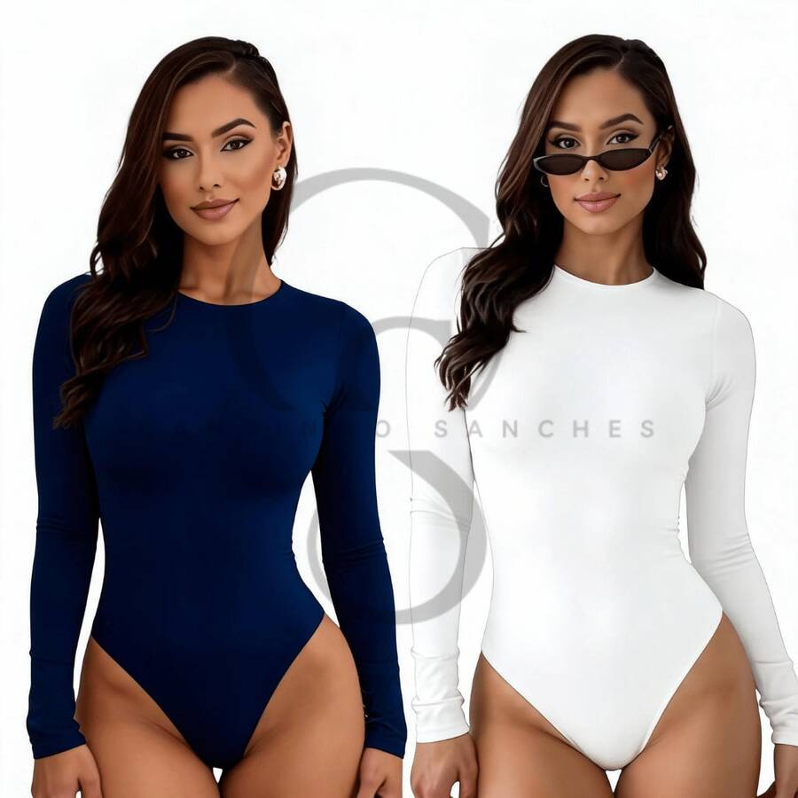 Set Of 2 Long-Sleeved Second Skin Bodysuits With Crew Neck, Plain Long Sleeves - 白色 海軍藍 - 查看 1
