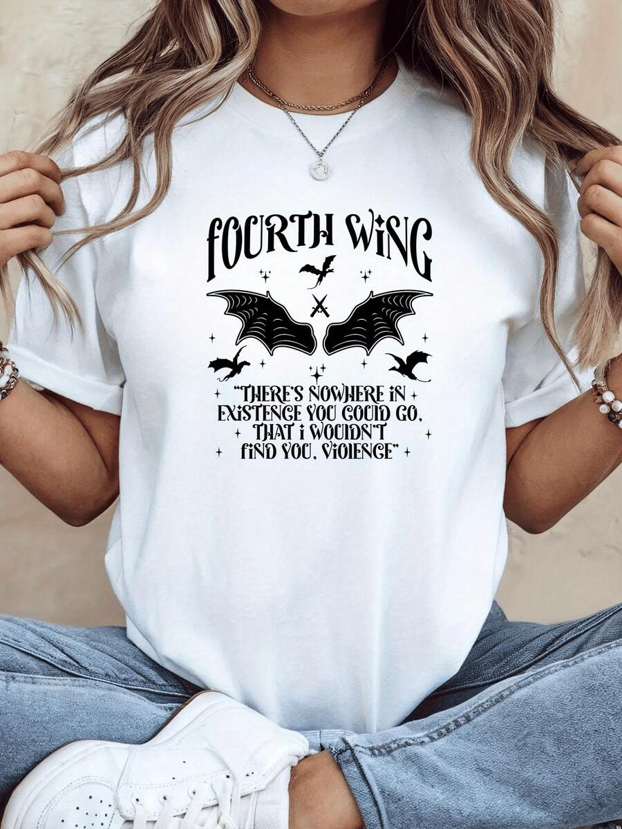 Dragon Wings Facing Each Other Symbolizing Strength, Freedom, And Spiritual Connection Amidst Stars And Mystical Flight; A Modern, Comfortable, Casual Women's T-Shirt For Everyday Wear - 白色 - 查看 1