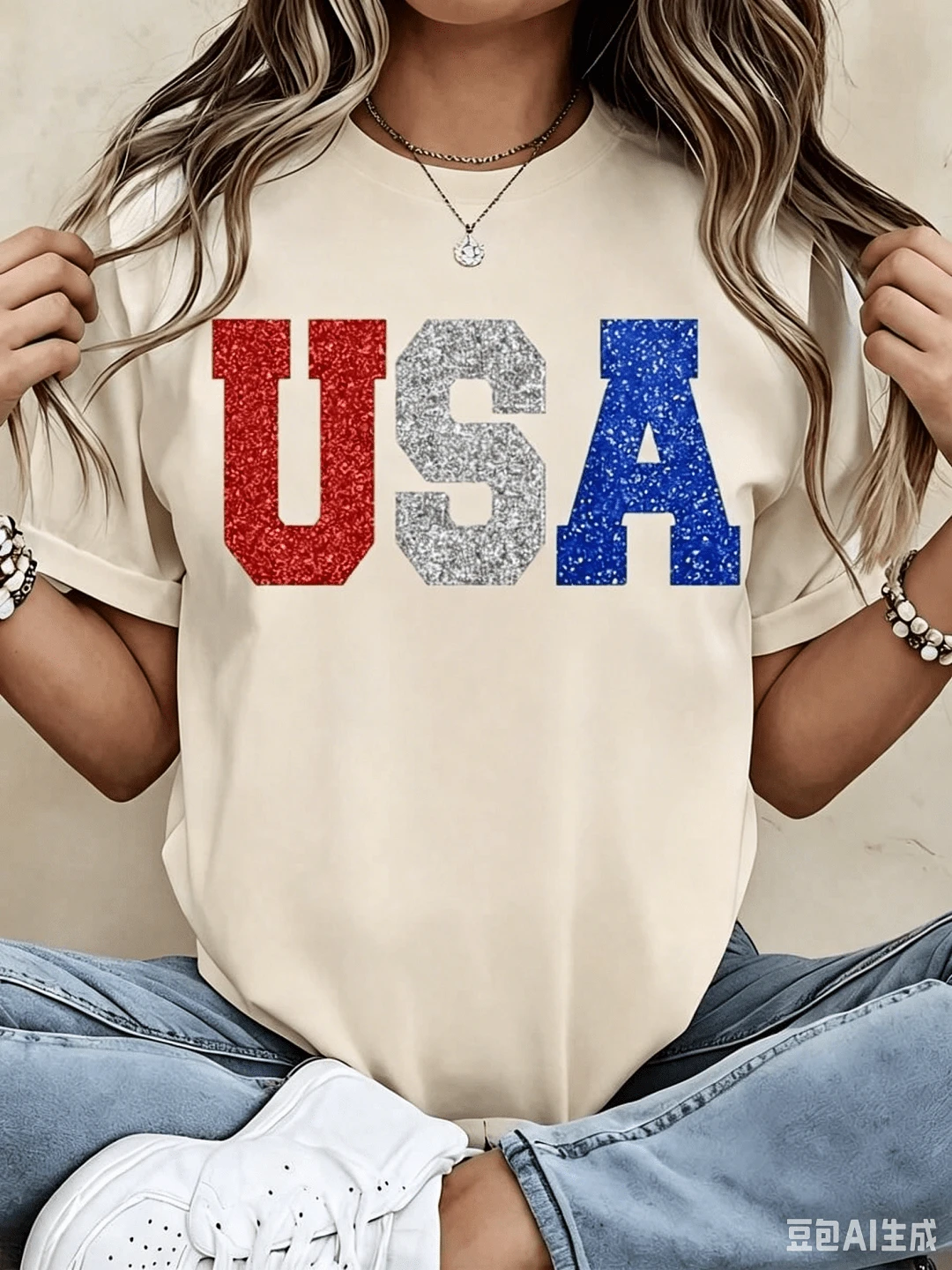 100%CottonGlitter Usa Patriotic T Shirt Red White And Blue Sparkle Print For Independence Day Celebration Party WearBreathable Cotton Tee, All Match - 杏色 - 查看 1