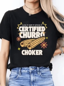 Cheerful Design With Golden Churros Accompanied By Stars And Flowers That Convey Fun And Positive Energy, Perfect For Young And Modern Women. Comfortable Casual Women's T-Shirt Ideal For Everyday Wear - 黑色 - 查看 1
