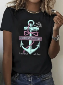 Ancla azul con cuerda rosa que simboliza fuerza y libertad acompañada de una golondrina que representa esperanza y espíritu aventurero camiseta de mujer casual moderna para uso diario - Negro - Ver 1
