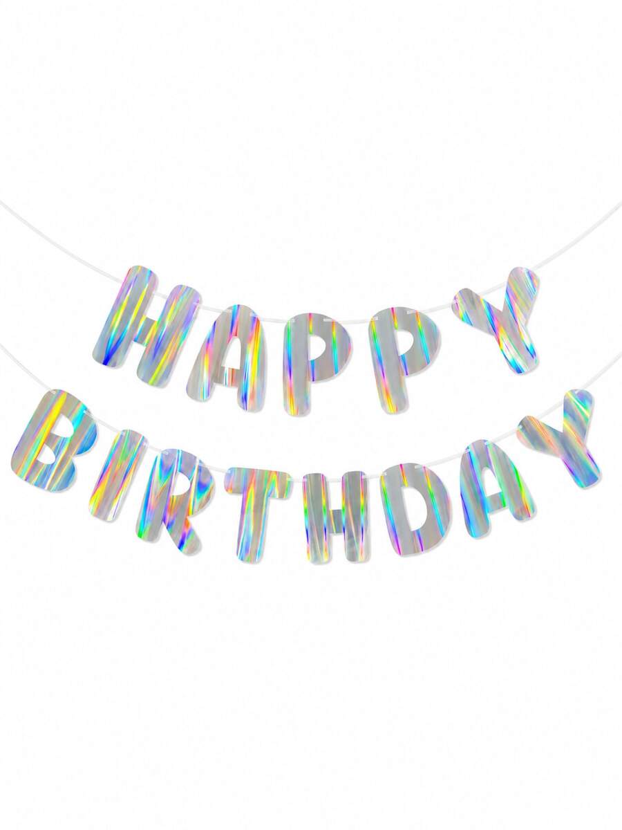 2pcs Rainbow Gradient Happy Birthday Banner, Iridescent Birthday Party Garland, Colorful Wall Backdrop Decor For Birthday Party, Cake Table, Photo Booth, Summer Party, Rainbow Theme Supplies - Gradient Birthday Banner - View 1