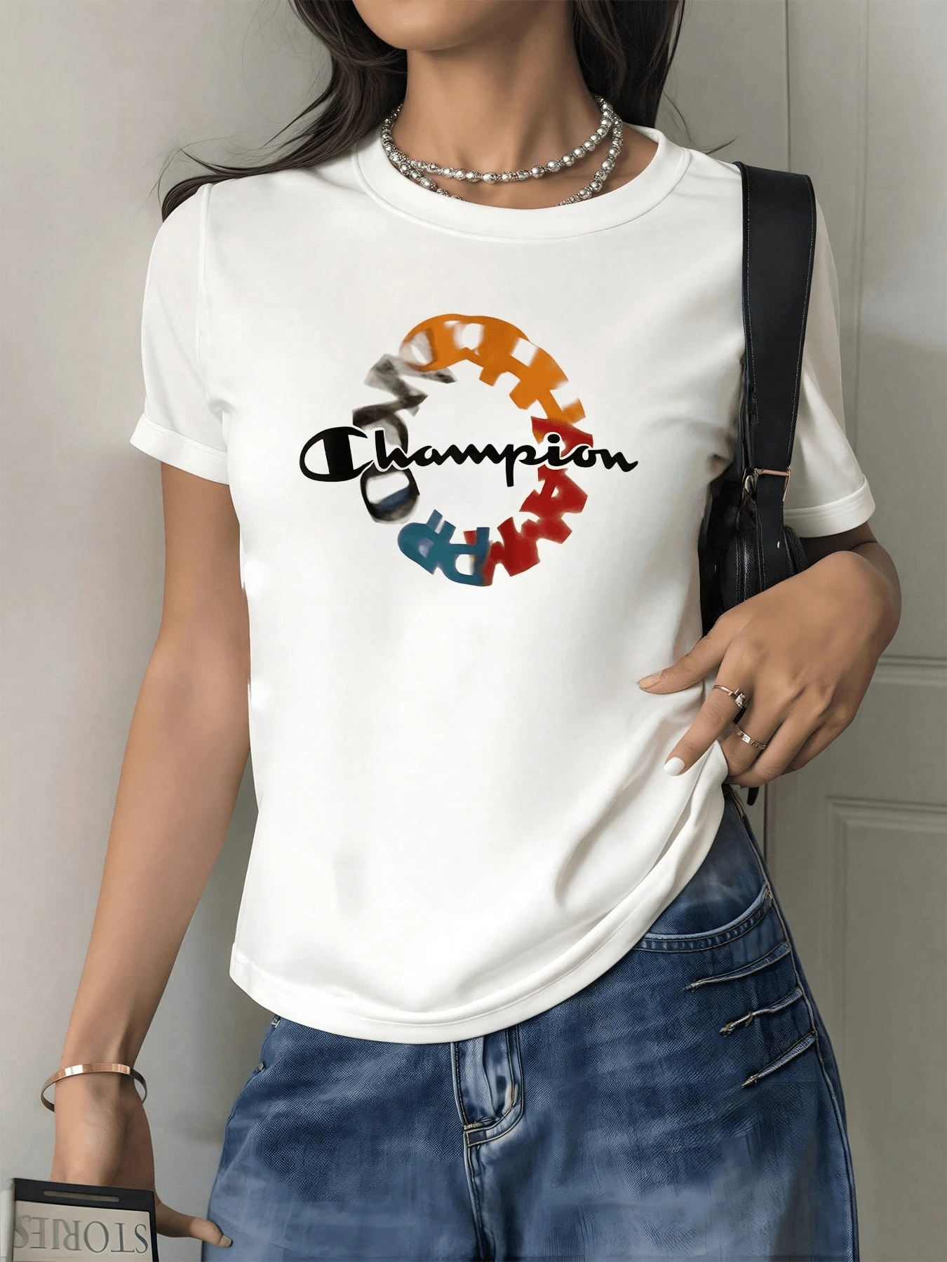 Multicolored Circle Formed By Intertwined Letters Symbolizing Energy, Overcoming Challenges, And Inner Balance With A Modern Urban Touch; Comfortable Casual Women's T-Shirt For Everyday Wear - 白色 - 查看 1