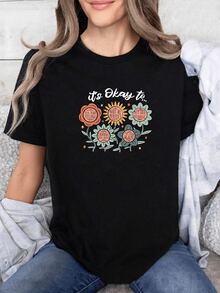 Colorful Flowers With Positive Messages That Inspire Self-Acceptance And Inner Balance. Comfortable Casual Women's T-Shirt With A Motivational Message For Relaxed Days And An Optimistic Attitude. - Black - View 6